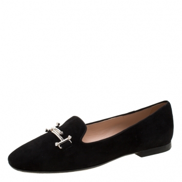 Pre Owned Tod's Black Suede Crystal Embellished Double T Smoking Slippers Size 38