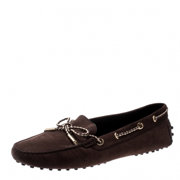 Pre Owned Tod's Dark Brown Suede with Contrast Braided Bow Loafers Size 39.5