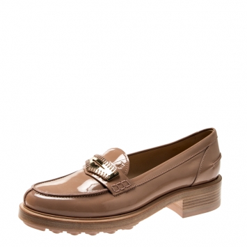 Pre Owned Tod's Pale Pink Patent Leather Whip Stitch Detail Platform Penny Loafers Size 39