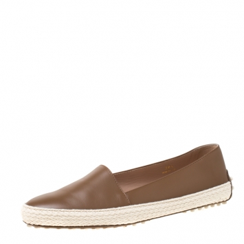 Pre Owned Tod's Brown Leather Espadrille Trim Flats Size 38.5