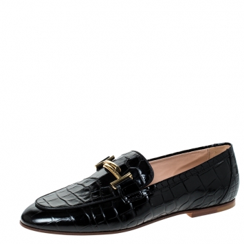 Pre Owned Tod's Black Croc Embossed Leather Double T Flat Loafers Size 38.5