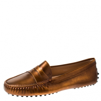Pre Owned Tod's Metallic Bronze Leather Gommino Slip On Loafers Size 38.5