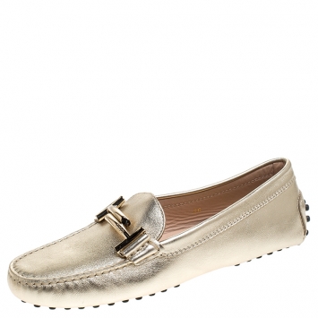 Pre Owned Tod's Metallic Gold Leather Double T Slip On Loafers Size 36