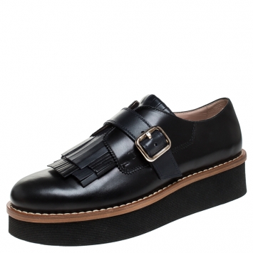 Pre Owned Tod's Black And Navy Blue Leather Fringe Detail Platform Loafers Size 40