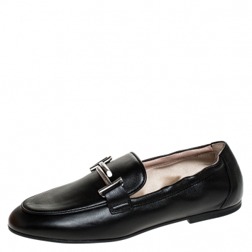 Pre Owned Tod's Black Leather T Slip On Loafers Size 36