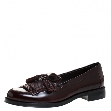 Pre Owned Tod's Maroon Leather Tassel Bow Fringe Detail Loafers Size 36