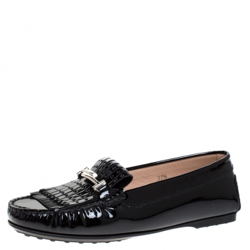 Pre Owned Tod's Black Patent Leather Gommino Fringe Double T Loafers Size 37.5