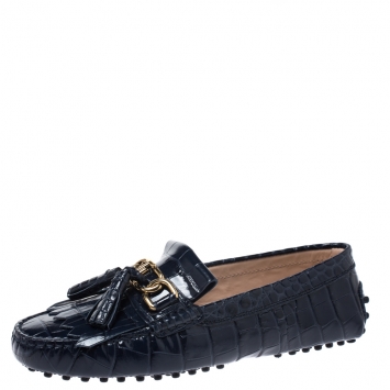 Pre Owned Tod's Blue Croc Embossed Leather Tassel Fringe Loafers Size 37