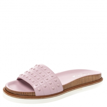 Pre Owned Tod's Pink Leather Studded Flat Slides Size 38