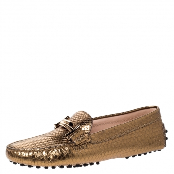 Pre Owned Tod's Bronze Python Leather Double T Loafers Size 37.5
