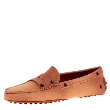 Pre Owned Tod's Pink Canvas Snap Button Embellished Penny Loafer Size 38