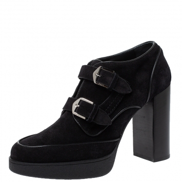 Pre Owned Tod's Black Suede Leather Platform Block Heel Ankle Booties Size 39.5
