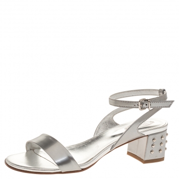 Pre Owned Tod's Silver Leather Studded Heel Ankle Strap Sandals Size 37.5