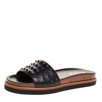 Pre Owned Tod's Black Leather Studded Flat Slides Size 37