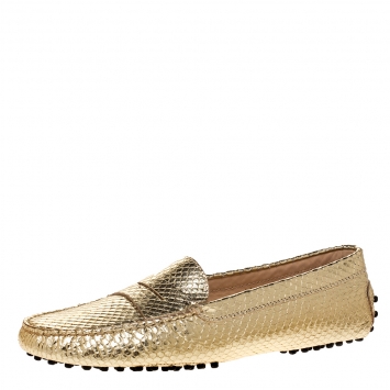 Pre Owned Tod's Gold Python Embossed Leather Penny Slip On Loafers Size 36.5