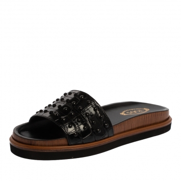 Pre Owned Tod's Black Croc Embossed Leather Studded Flat Slides Size 37