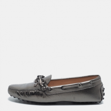 Pre Owned Tod's Metallic Grey Leather Gommini Bow Slip On Loafers Size 37