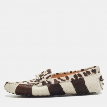 Pre Owned Tod's Grey/Brown Animal Print Calf Hair Double T Buckle Loafers Size 36.5