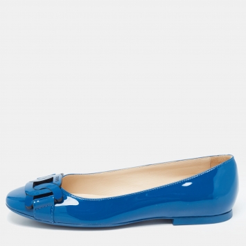Pre Owned Tod's Blue Patent Leather Chain Detail Ballet Flats Size 37.5