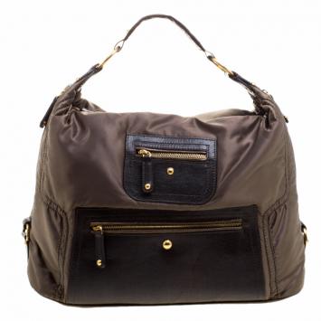 Pre Owned Tod's Olive Green/Dark Brown Nylon and Lizard Embossed Leather Pashmy Hobo