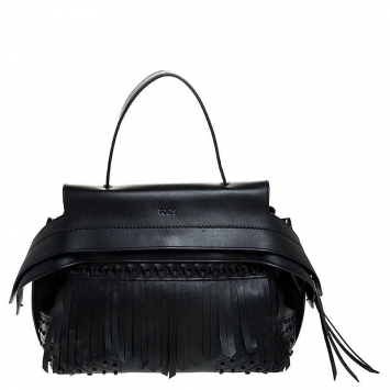 Pre Owned Tod's Black Fringed Leather Medium Wave Tote