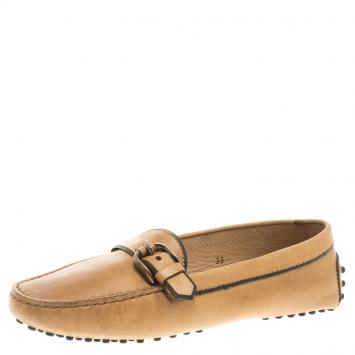 Pre Owned Tod's Two Tone Caramel Brown Leather Buckle Embellished Loafers Size 38