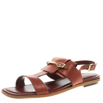 Pre Owned Tod's Brown Leather T-Strap Buckle Detail Flat Sandals Size 38.5