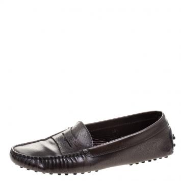 Pre Owned Tod's Metallic Grey Lace Embossed Leather Penny Loafers Size 39.5