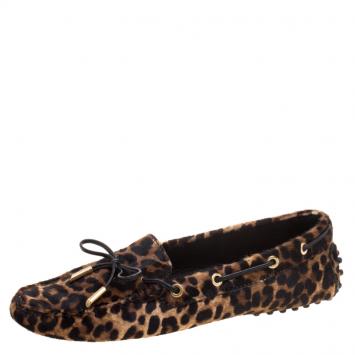 Pre Owned Tod's Brown Leopard Print Calf Hair Bow Loafers Size 38.5