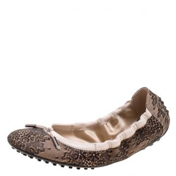 Pre Owned Tod's Two Tone Lace Detail Bow Scrunch Ballet Flats Size 38