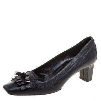 Pre Owned Tod's Black Leather Square Toe Fringe Loafer Pumps Size 37