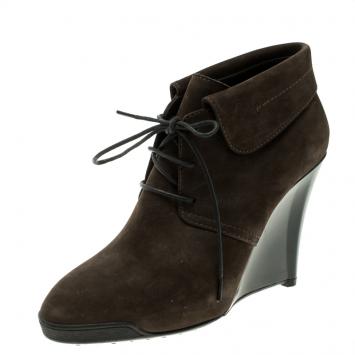 Pre Owned Tod's Dark Brown Leather Wedge Ankle Booties Size 38
