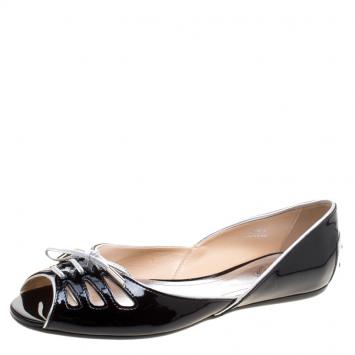 Pre Owned Tod's Black Patent Leather Peep Toe Ballet Flats Size 40.5