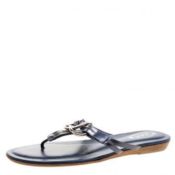 Pre Owned Tod's Navy Blue Patent Leather Flat Thong Sandals Size 38