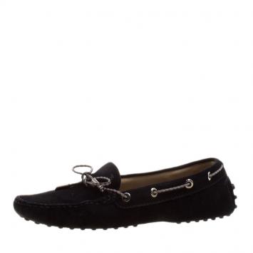 Pre Owned Tod's Black Suede Braided Bow Loafers Size 37.5