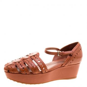 Pre Owned Tod's Brown Cutout Leather Ankle Strap Wedge Sandals Size 39