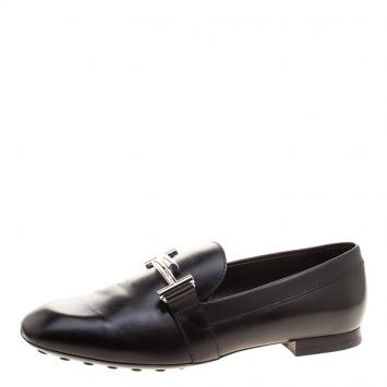Pre Owned Tod's Black Leather Double T Loafers Size 38