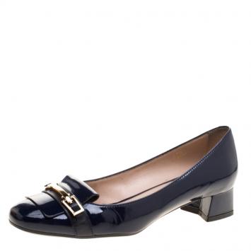 Pre Owned Tod's Navy Blue Patent Leather Block Heel Pumps Size 37.5