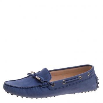 Pre Owned Tod's Blue Leather Bow Loafers Size 37.5