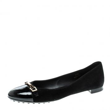 Pre Owned Tod's Black Suede and Patent Leather Ballet Flats Size 37.5