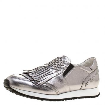 Pre Owned Tod's Silver Leather Fringe Slip On Sneakers Size 38