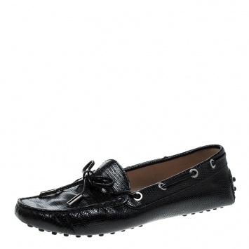 Pre Owned Tod's Black Lizard Leather Bow Loafers Size 38