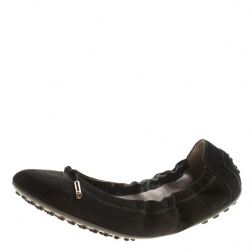 Pre Owned Tod's Black Suede Bow Scrunch Ballet Flats Size 37