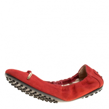 Pre Owned Tod's Red Suede Bow Scrunch Ballet Flats Size 36.5
