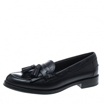 Pre Owned Tod's Navy Blue Leather Tassel Fringe Detail Loafers Size 38.5