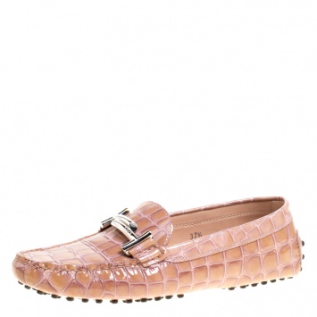 Pre Owned Tod's Pale Pink Croc Embossed Patent Leather Gommino Double T Buckle Driver Loafers Size 37.5