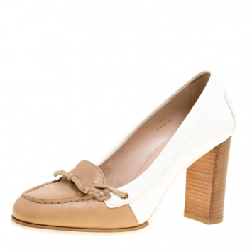 Pre Owned Tod's Two Tone Leather Bow Loafer Pumps Size 36.5