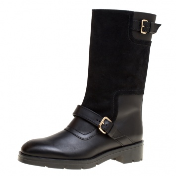 Pre Owned Tod's Black Leather and Suede Fibbie Mid Calf Biker Boots Size 37