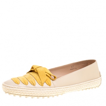 Pre Owned Tod's Beige Leather And Suede Ribbon Espadrille Loafers Size 37