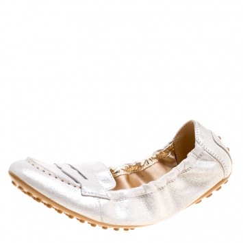 Pre Owned Tod's Metallic Silver Suede Penny Loafer Scrunch Flats Size 36.5